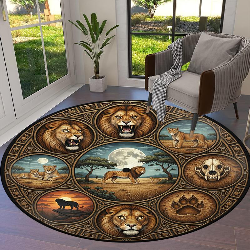 Retro Mandala Lion Round Area Rug,Carpet Rug for Living Room Bedroom Sofa Playroom Decor,Non-slip Floor Mat Q0037