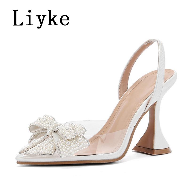 

Fashion Liyke Summer Fashion Party Dress Slingback Shoes Pearl Bowknot Women Pumps Sexy Pointed Toe White High Heels Transparent Sandals 35 белый