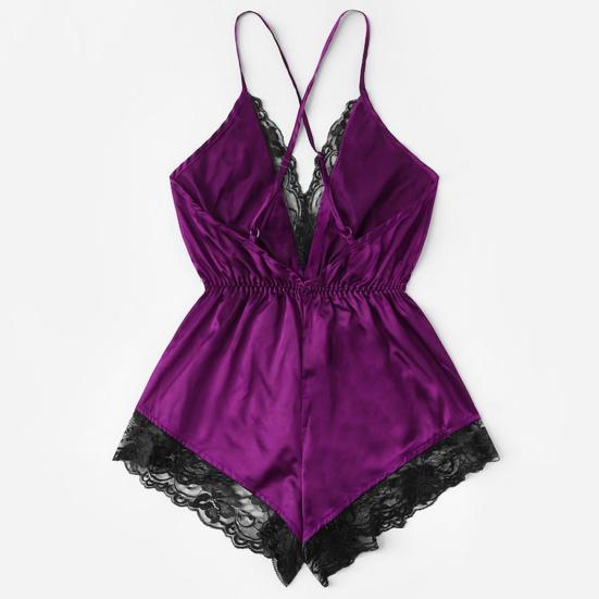 Women Sexy Pajamas V-neck Sling Sleeveless Bodysuit Faux Satin Lace Stitching Romper Sleepwear Wide Leg Backless Nightwear