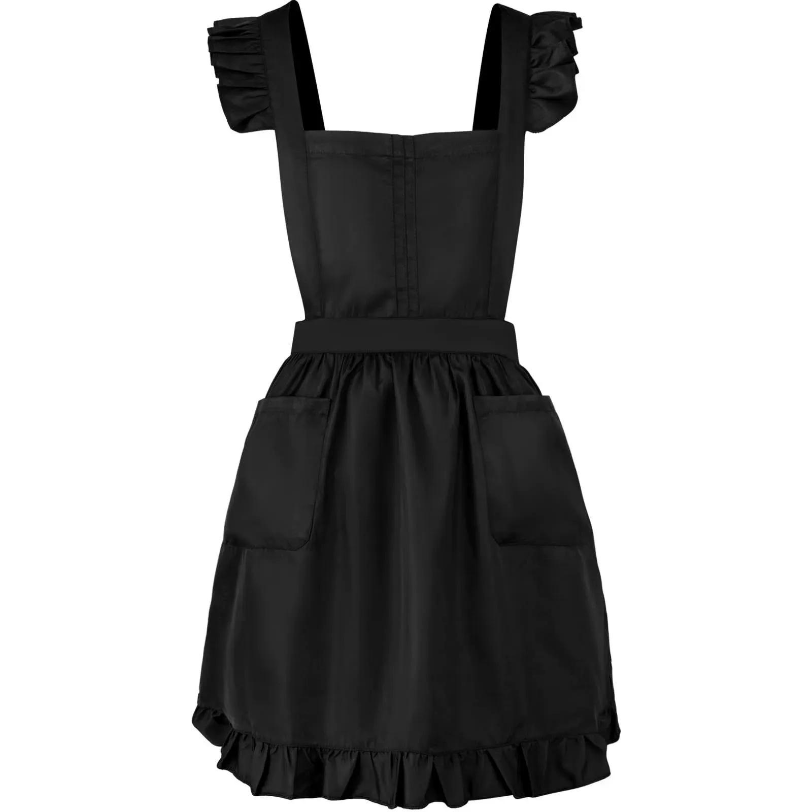Dámska Dievčenská Retro Biela Zástera s Volánikmi, Vreckami, Nastaviteľná Viktoriánska Náprsenka, Kostým Maid Cosplay na Varenie v Kuchyni OneSize čierna