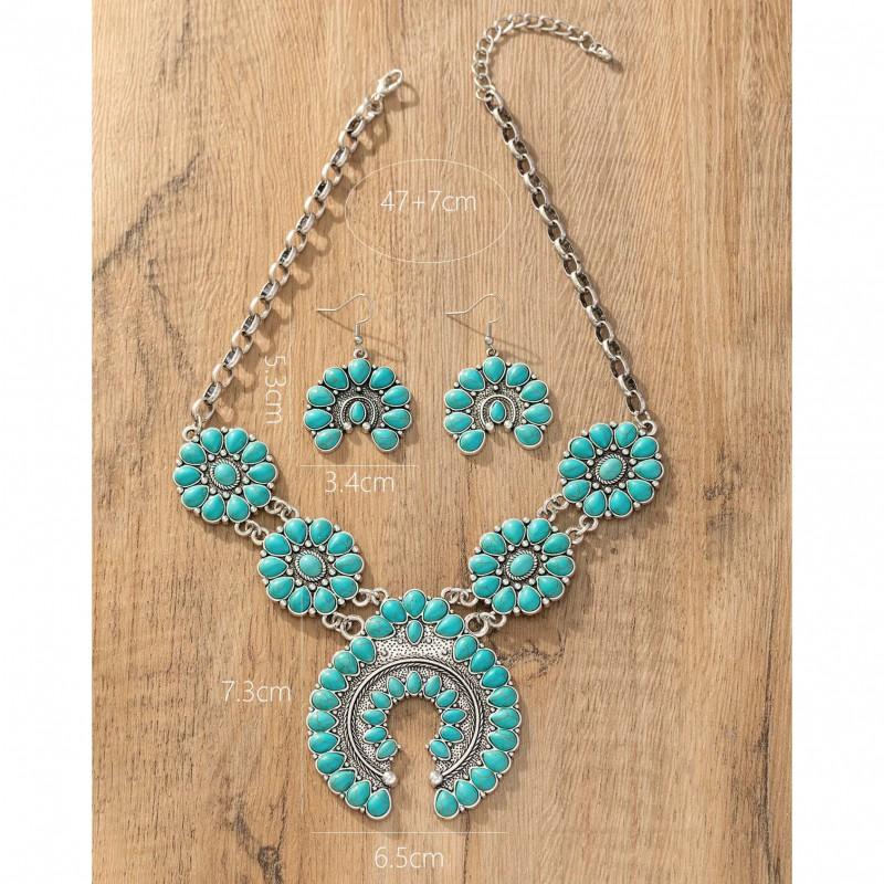 Boho Turquoise Floral Necklace Earring Set Alloy Jewelry Women Men Casual Wear