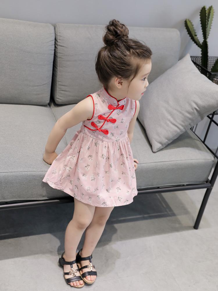 Kids Girls Chinese Style Cute Flower Print Dress Vintage Cheongsam Dresses Qipao Baby Clothes
