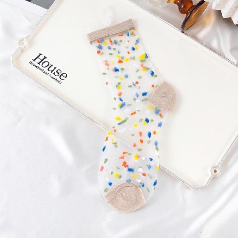 Ultra-thin Transparent Crystal Silk Socks Women Fashion Summer Harajuku Crew Socks Retro Flower Streetwear Elastic Long Socks