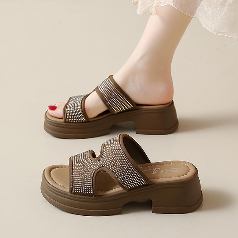 

Fashion CRLAYDK Fashion Women s Rhinestone Sandals Chunky Platform Mules Slip On Block Heels Shoes Strap Low Heeled Dress Slippers 34