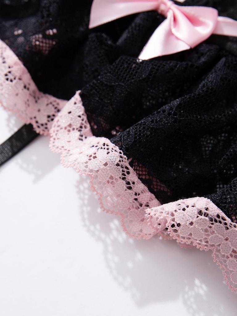 Foshan Lace Bow See-through Lingerie & Garter Skirt Set