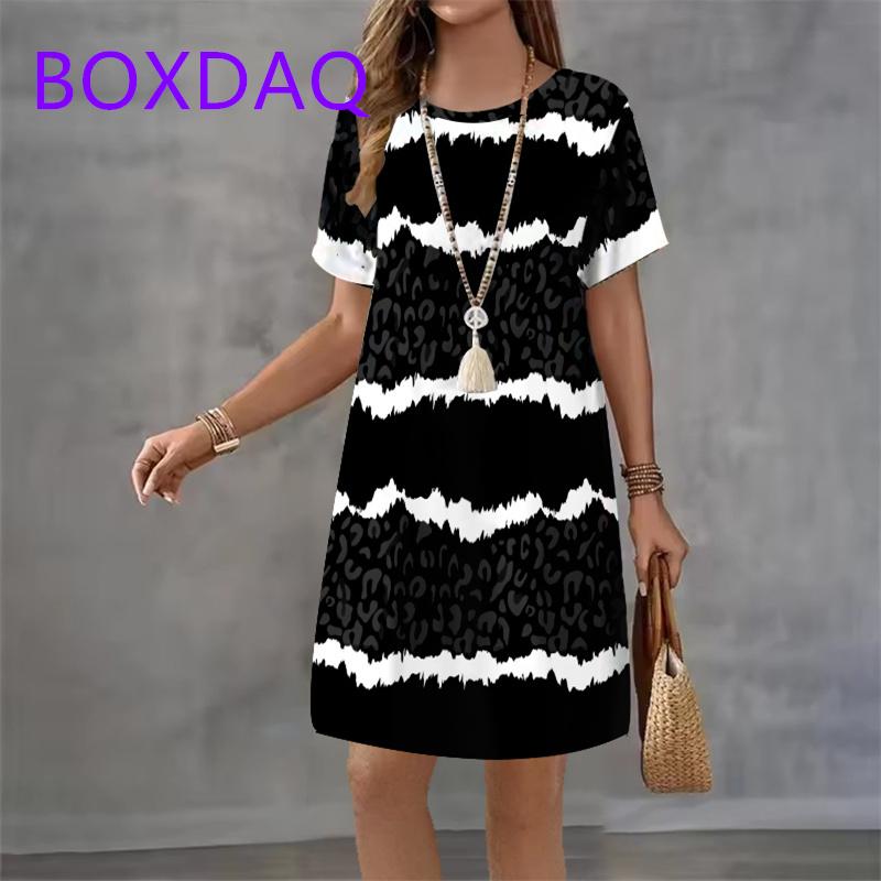 Geometric Stripe Printing Dress For Women Summer Sundress Loose Casual Short Sleeve O-Neck A-Line Dress Women Beach