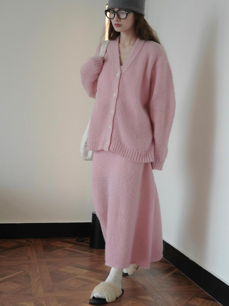 Louvre Spódnica A-line z dzianiny moherowej w stylu koreańskim - Lekka, puszysta, długa spódnica z wysokim stanem dla kobiet