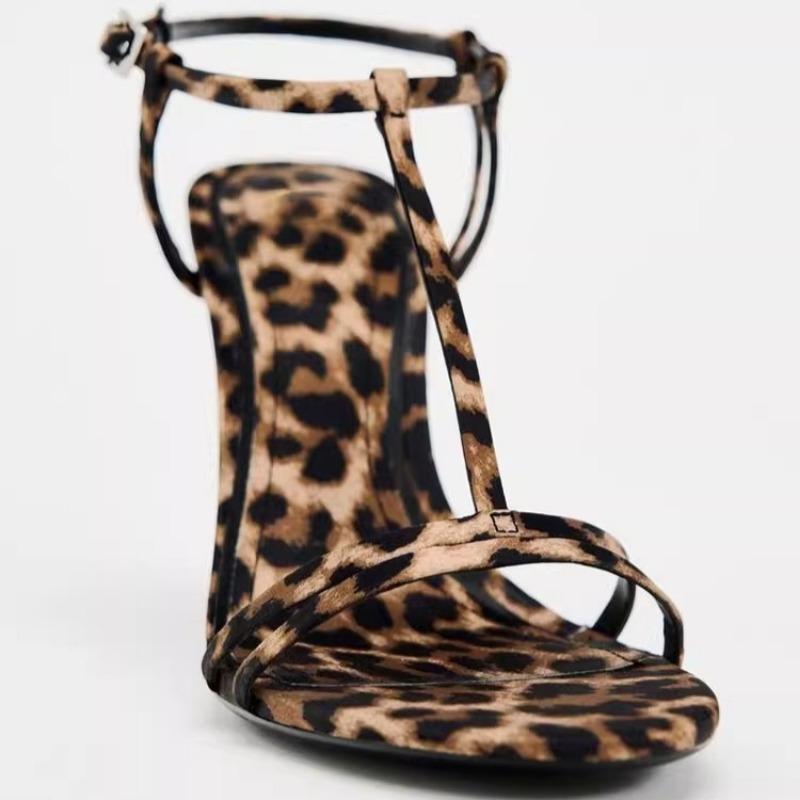 Scarpe col tacco alto moda donna estate nuove open-toe cinturino sottile stampa leopardo camoscio antiscivolo resistenti all'usura tacchi alti
