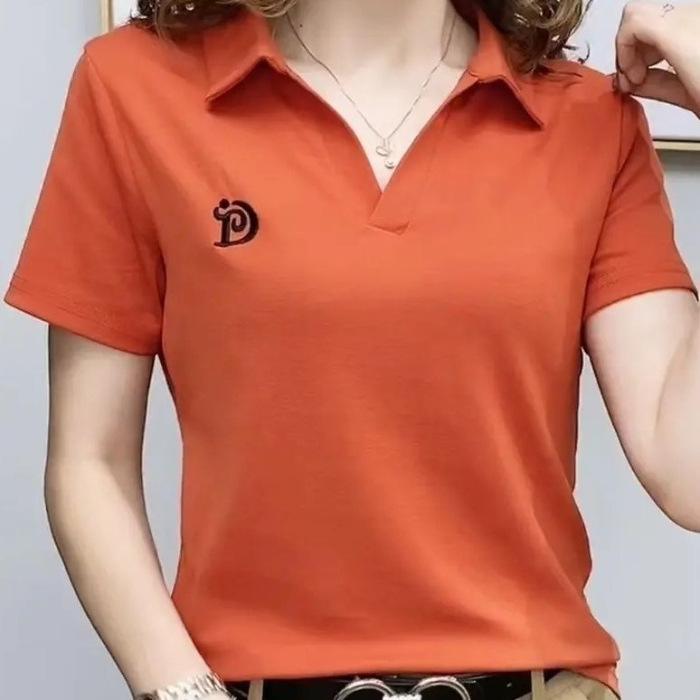 Fashion Polo T Shirt Women Short Sleeve Summer V Neck Letter Pullover Soft Green Knitted Tees Female Clothing Large Size Ladies