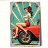 Vintage Metal Tin Sign  Mechanic PinUp Girl with Wrench On Red Car Retro Garage Decor  Turquoise Background  HeavyDuty Meta