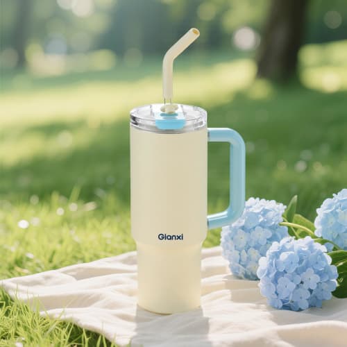 GIANXI Ceramic Tumbler, 1000ml, with Straw, Lid, and Handle, Insulates Hot and Cold Drinks, Vacuum Insulated, Wide Mouth, Large Capacity, Suitable for
