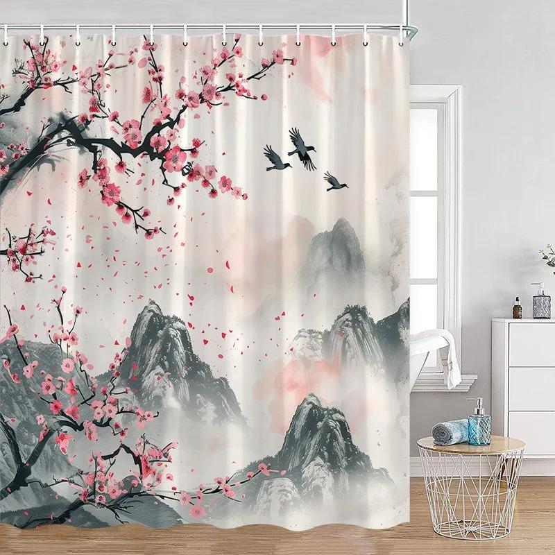Japanese Style Flowers Bird Shower Curtain Beautiful Girl Red Floral Abstract Mountain Ink Art Landscape Decor Bathroom Curtains