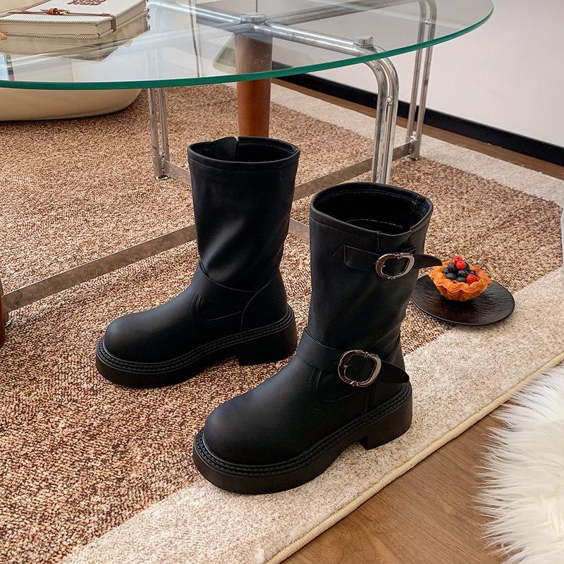 Genuine leather~~ inner height increase new retro Martin boots popular women's autumn metal buckle thick heel thick bottom western pile boots