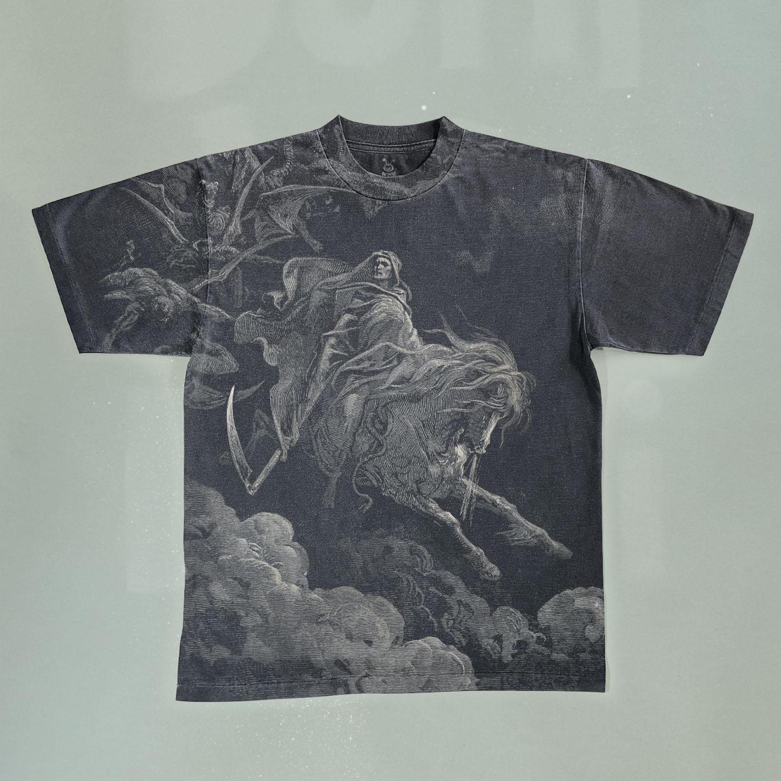 Death on a Pale Horse by Gustave Dore Handmade Bleached T-Shirt: Faded Black Cotton, spray art Vintage Style S