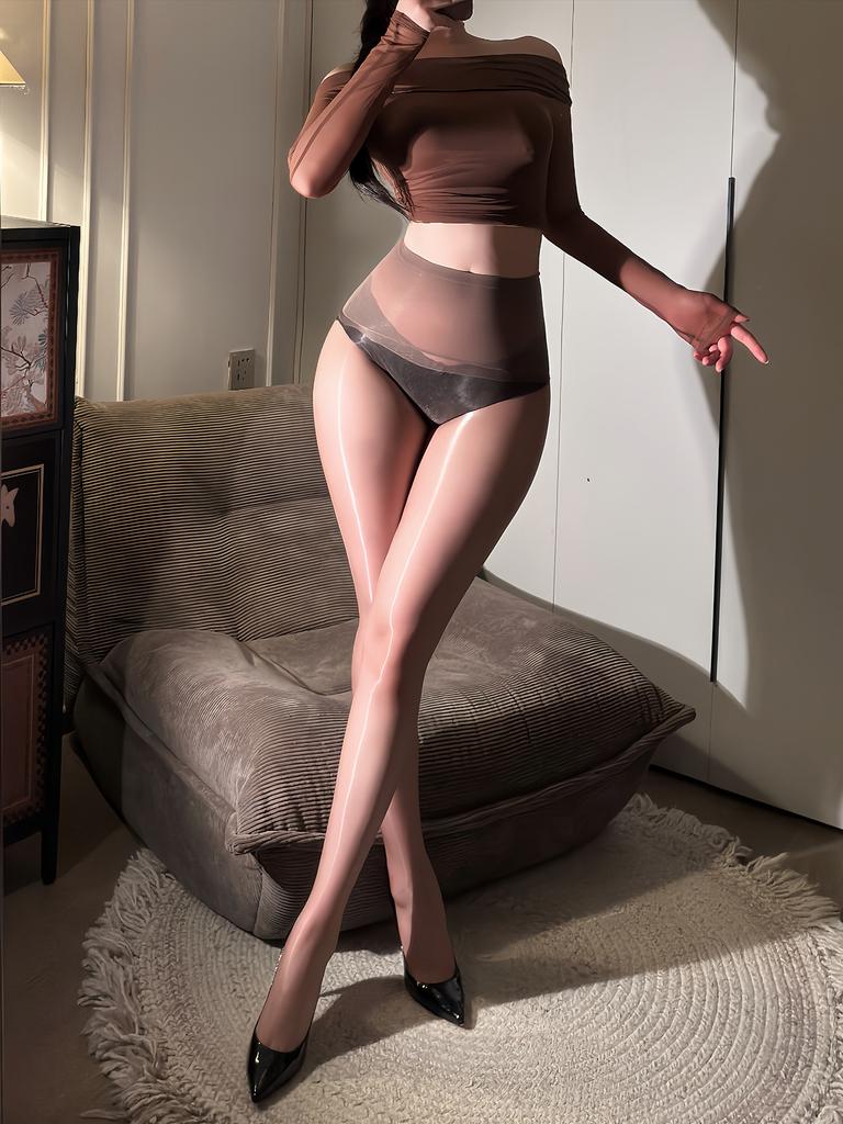 Sexy Women 5D Thin Seamless Elastic Oil Glossy Shiny Sockings Sheer See Through Tights Open Crotch Maid Shaping Pantyhose