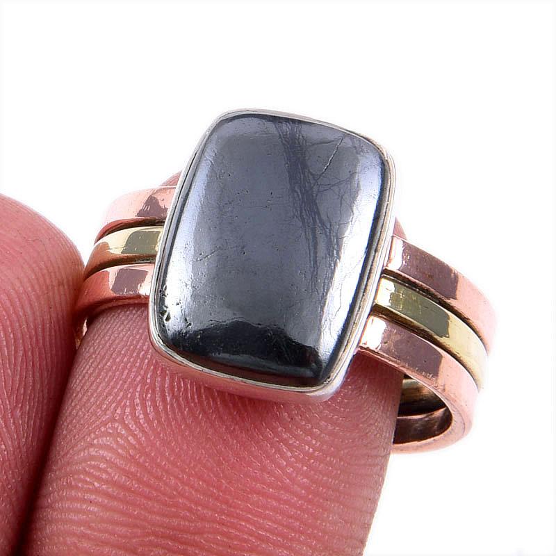 

Natural Gunmetal Gemstone 925 Solid Silver Jewelry Two Tone Ring Size 9.5US K3K41