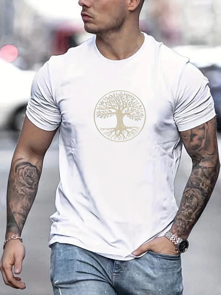Mens Summer 100 Pure Cotton Fashionable Casual Sports Wide Pine Pattern Printed Sports Round Neck Short Sleeved Tshirt Top