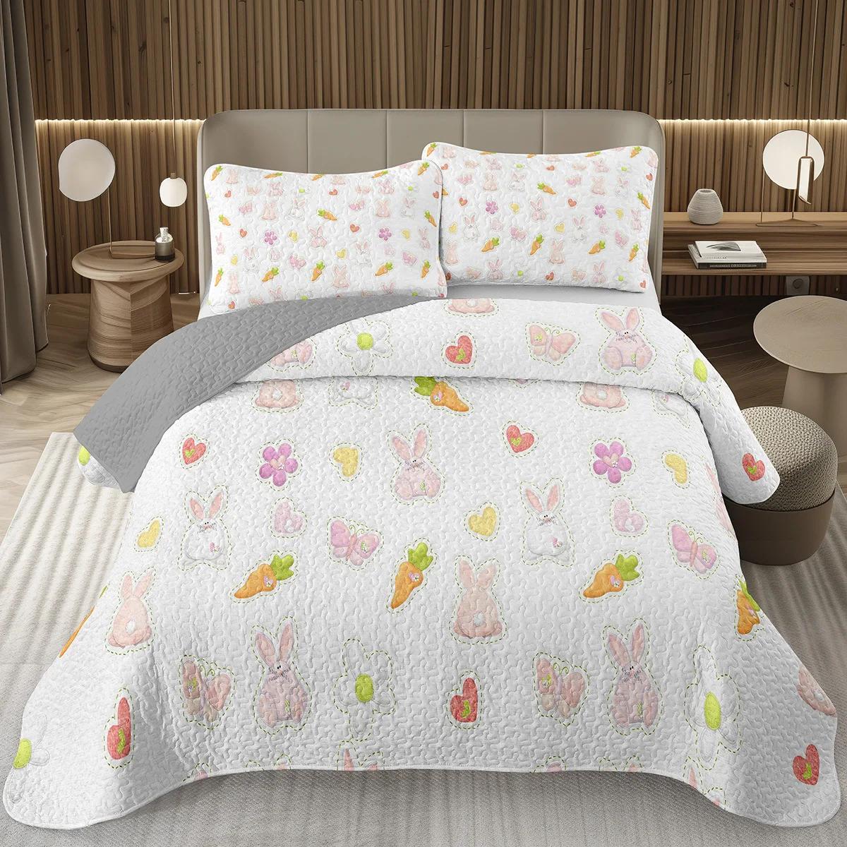 

Kawaii Rabbit Bedspread Set Twin Full Queen King Size,Cute Rabbit Quilt Set, Wild Animal Coverlet Set for Teen Girls Easter Gift 135x200cm