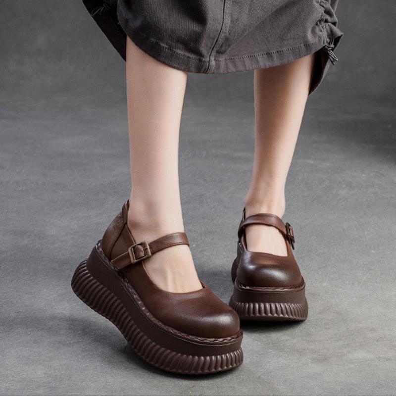 Johnature Scarpe Mary Janes Scarpe con plateau piatte in vera pelle Sandali con altezza della suola spessa con fibbia