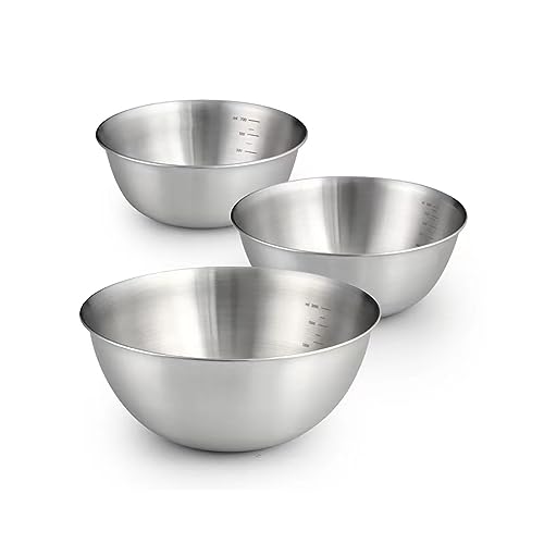 

TXCAOT 3-Piece Set: Deep Stainless Steel Bowls (18-8 Stainless Steel Salad Bowls, Cake Bowls) with Measuring Marks (16cm, 19cm, 24cm)
