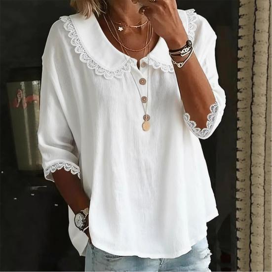 Women Shirt Loose Fit Three-Quarter Sleeve Blouse with Lace Neckline Cuffs Button Placket Summer Spring Casual