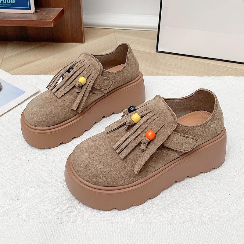 

Ретро нишевые замшевые туфли Boken на платформе женские 2025 новые с бахромой и бисером модные универсальные лоферы 40 хаки