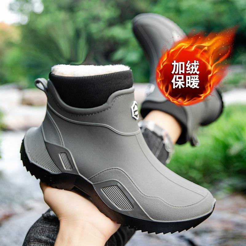 New rain shoes short tube men's adult waterproof shoes women's rain boots non-slip wear-resistant velvet warm fashion water boots