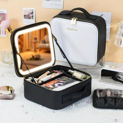 LED Lighted Makeup Travel Bag with Mirror Brightness, Portable Makeup Case Suitable for Travel, Adjustable Dividers & Mirror, Makeup Brush Organizer