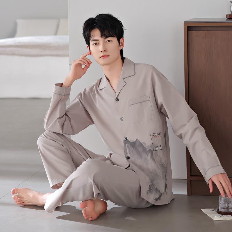 

Пижама мужская весенне-осенняя осенняя тканая хлопковая марлевая повседневная с длинными рукавами хлопковая домашняя одежда мужской костюм 3XL