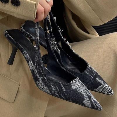Fashion New Women High Heeled Sandals Black Pointed Thin Heeled Baotou Banquet High Heeled Shoes Womens Denim Heels Tacones Mujer