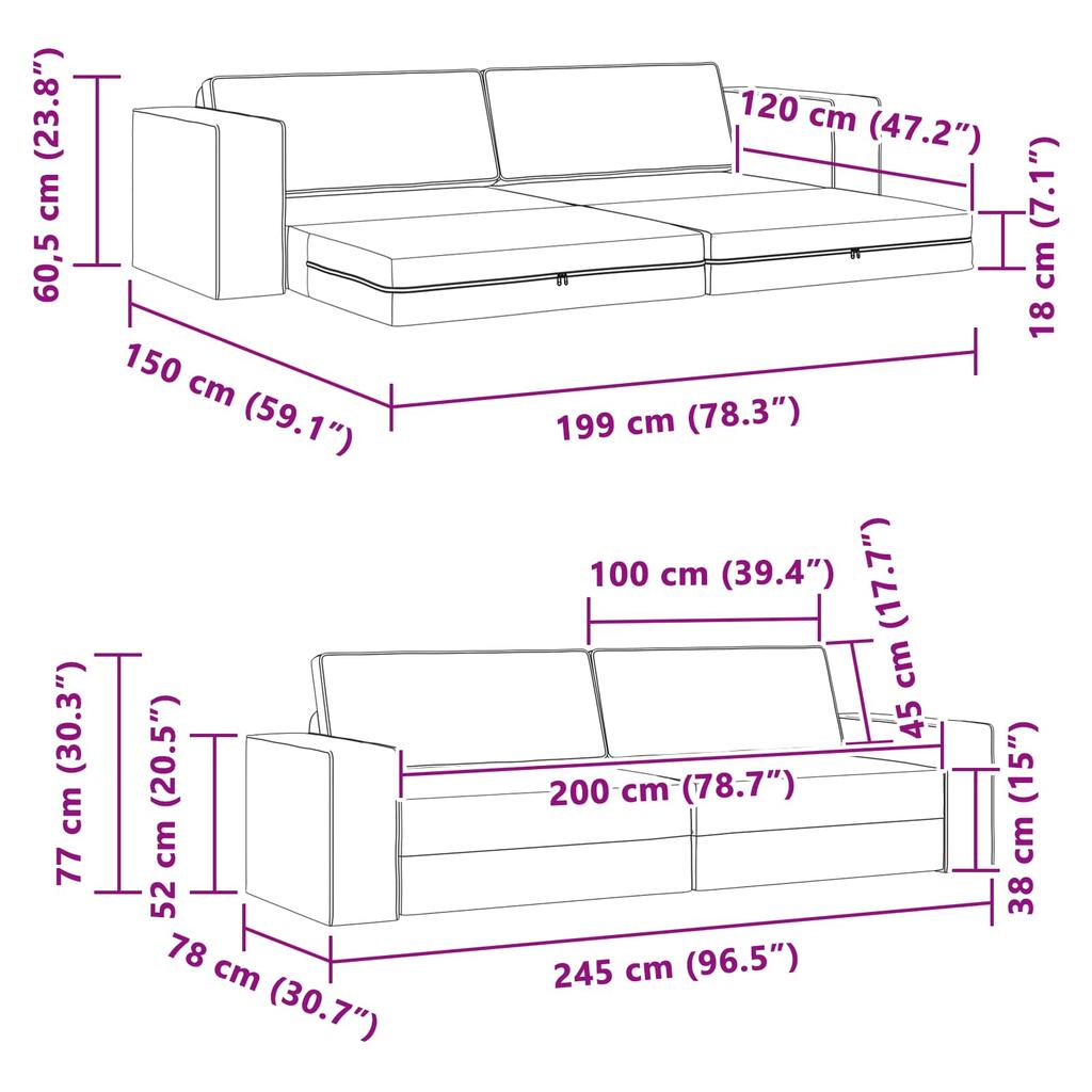 Cloud Grey Sleeper Sofa 245 x 78 x 77 cm Fabric