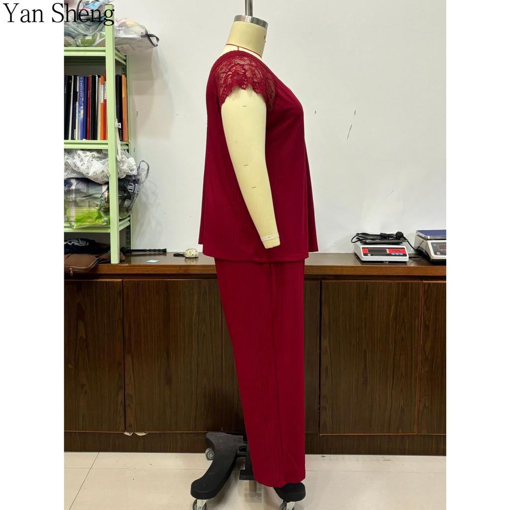 Conjunto de Pijama Talla Grande para Mujer, Conjunto de Ropa de Casa con Encaje, Ropa de Dormir Sexy de Manga Corta, Traje de Noche de 2 Piezas, Ropa de Casa para Tallas Curvy