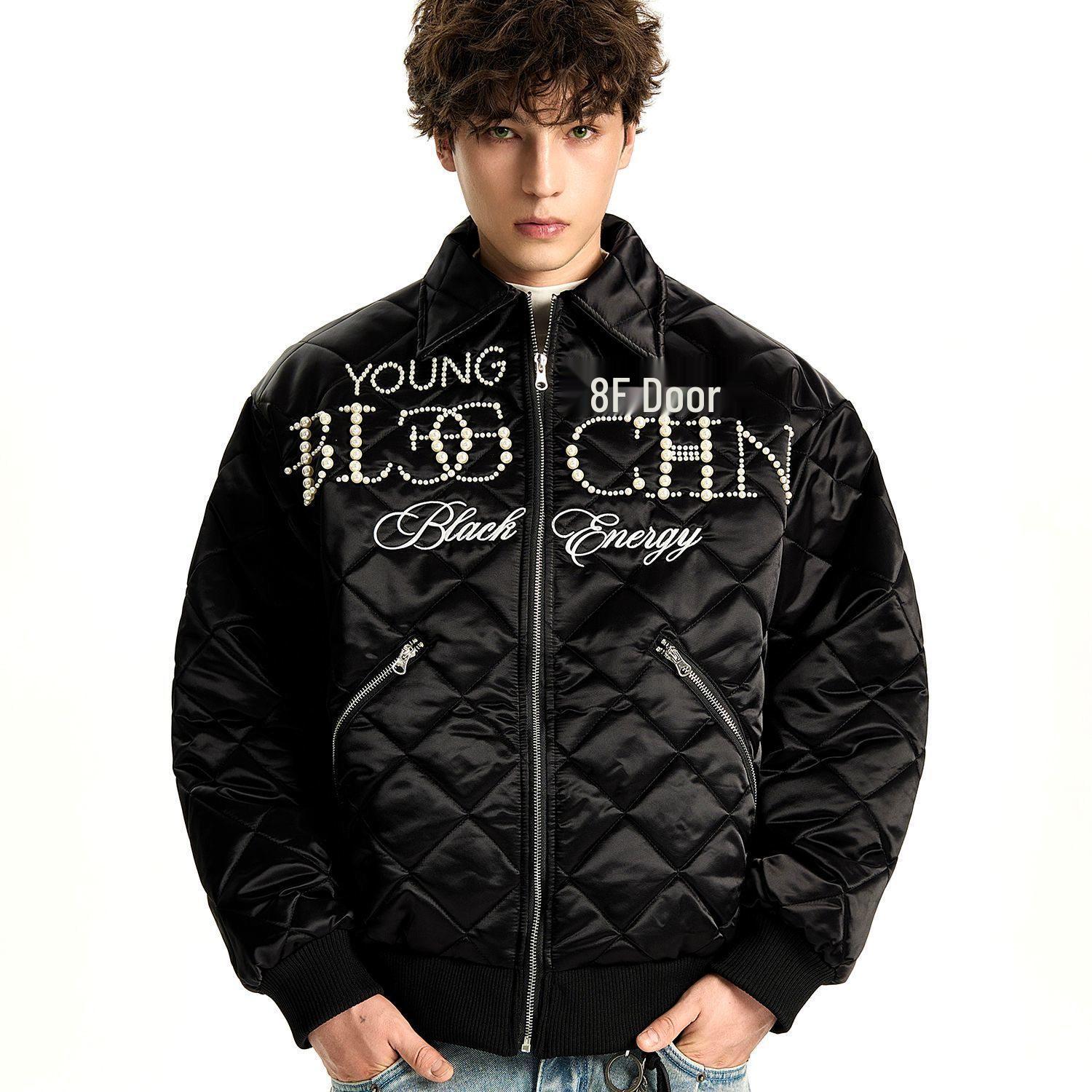 

Unisex Winter Patchwork Puffer Jacket - Leather & Cotton Stand Collar with Embroidered Lettering XL чорний