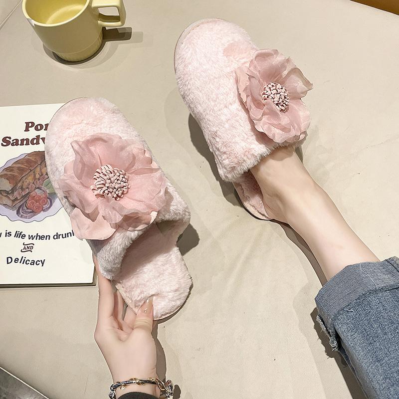 

Модные зимние новые женские домашние однотонные тапочки из пушистого меха с цветочным декором 40-41 розовый