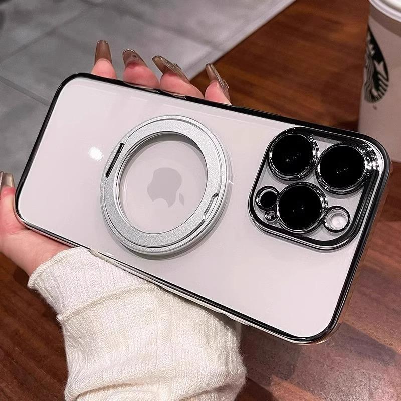 Applicable to iPhone17 super magnetic mobile phone case Apple 16 proma electroplating rotating bracket high transparency protective case