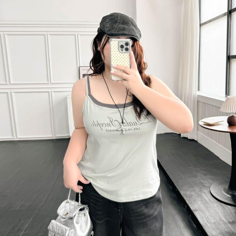 

Plus size women clothing [Gyaru Fake Two Pieces Vest] Chubby Girl Summer Letters Print 100.00kg Slimming Sling Top Light gray spell dark gray 3XL