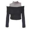 Korean Color Block Off-Shoulder Long-Sleeve Slim High-Neck Two-Piece T-Shirt for Women - Early Autumn Niche Design