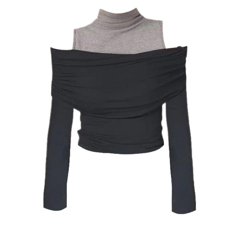 Korean Color Block Off-Shoulder Long-Sleeve Slim High-Neck Two-Piece T-Shirt for Women - Early Autumn Niche Design