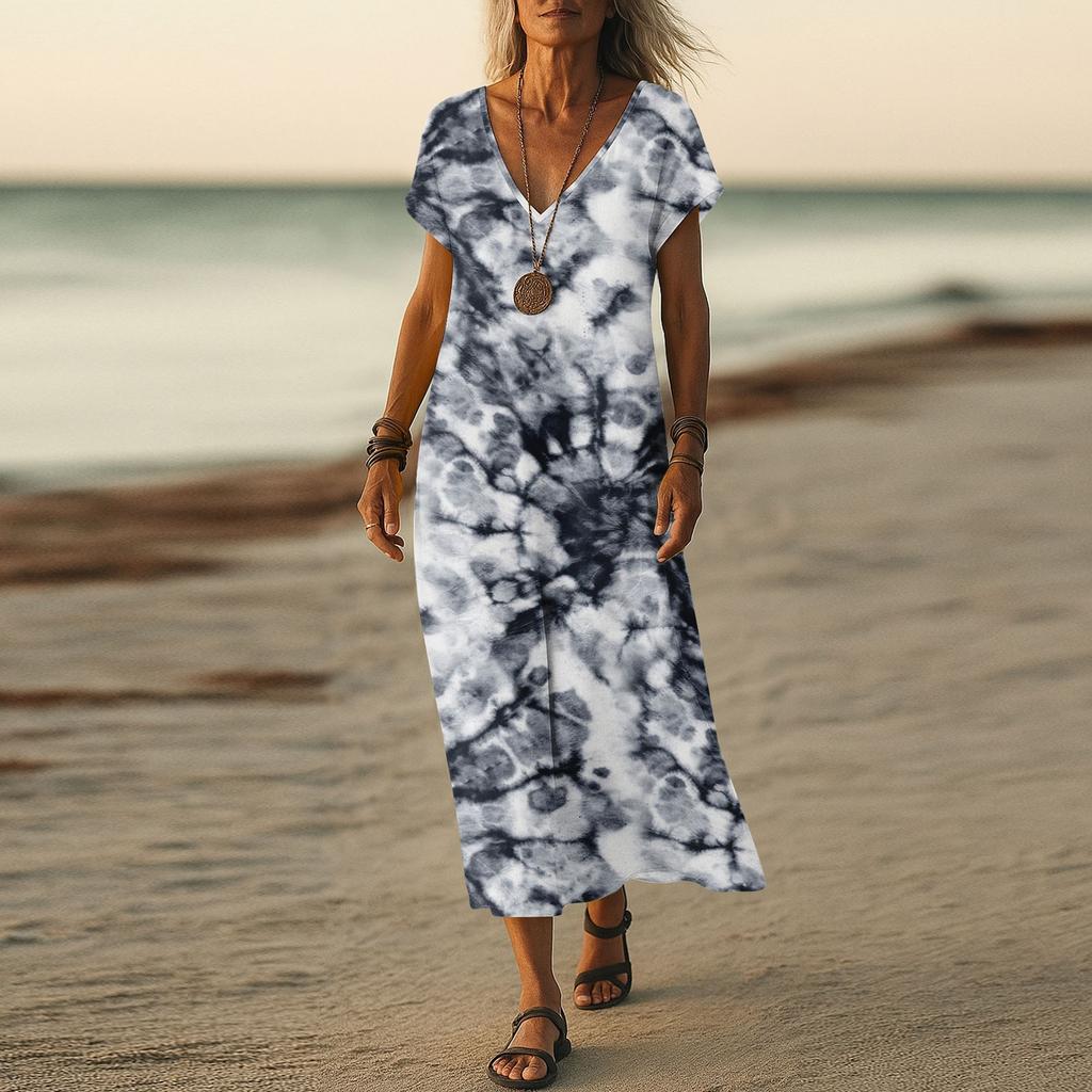 Summer Dress Women's Long Boho Beach Dress Elegant Maxi Dress V-Neck Short Sleeve Summer Tunic Dress Light Airy