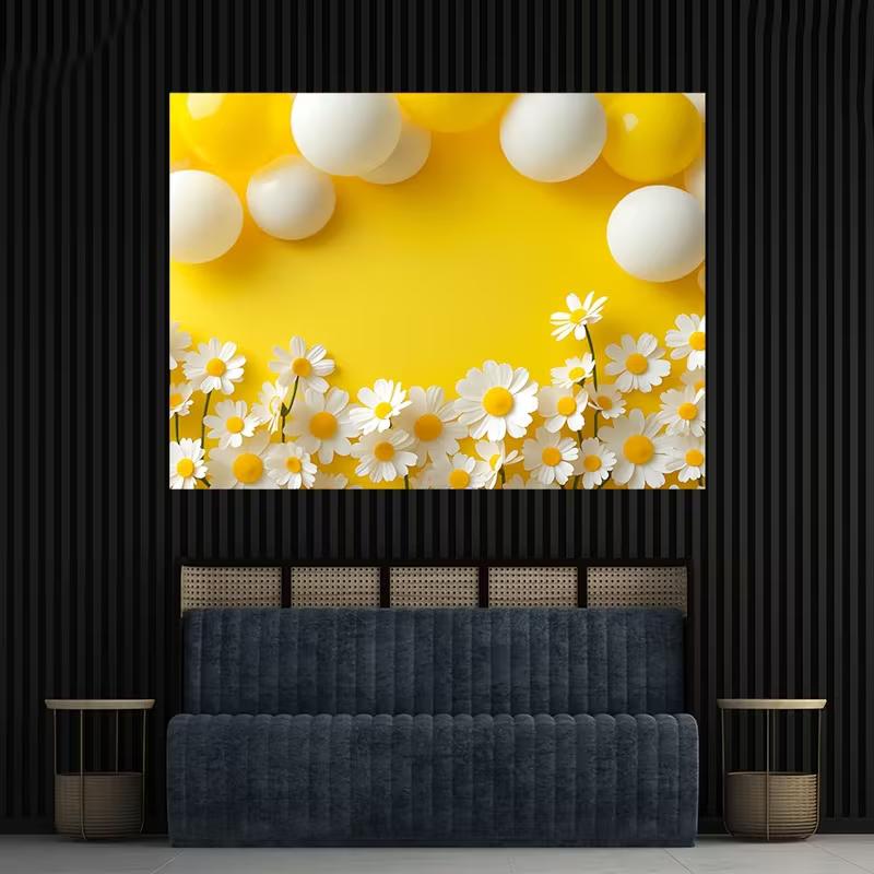 Lebendiger Gelber Gänseblümchen- und Luftballon-Hintergrund, Florale Szene, Fotografie-Hintergrundtuch