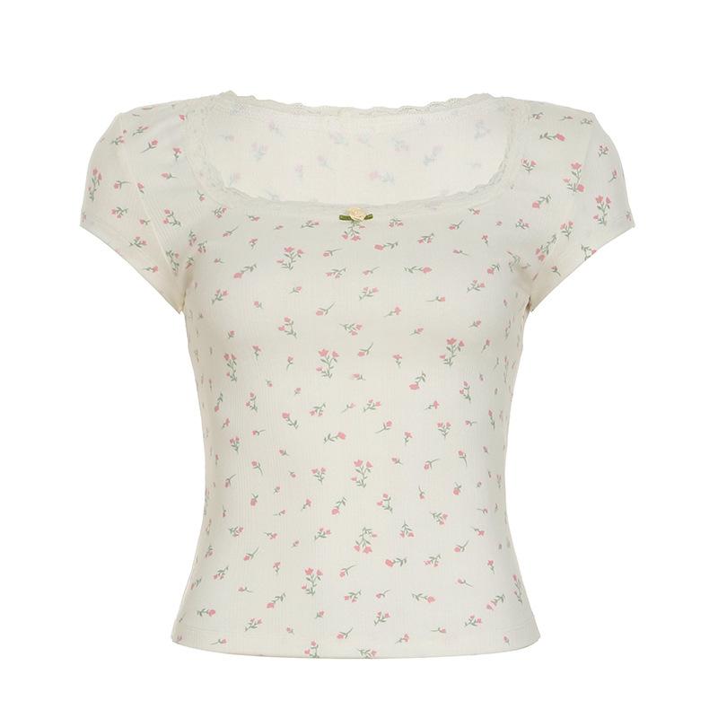 

Прозрачная и милая футболка с цветочным принтом и короткими рукавами, женская летняя новинка, с круглым вырезом, омолаживающий и стройнящий топ L