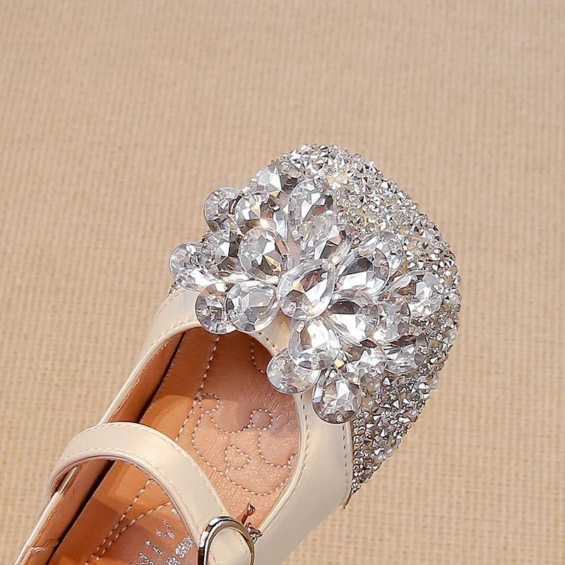2024 Children Leather Shoes for Girls Autumn New Fashion Soft Comfortable Princess Rhinestone Chic Anti-slippery Dress Shoes