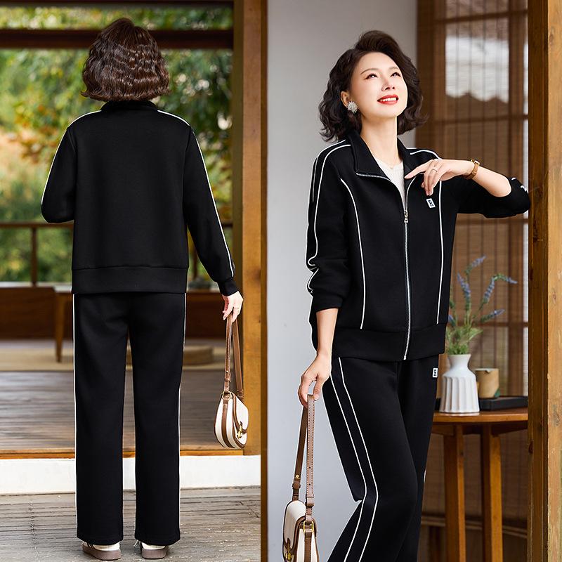 

Повседневный спортивный костюм весна/осень 2025: Стильный костюм-двойка для женщин - Элегантная мода для среднего и пожилого возраста 5XL (145-160 Jin) чёрный