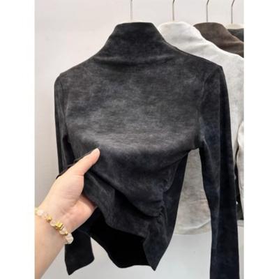 Winter New Half Shoulder High Neck Fold Waist Tie Dye Long Sleeve Velvet Inside with A Base Blouse T-shirt