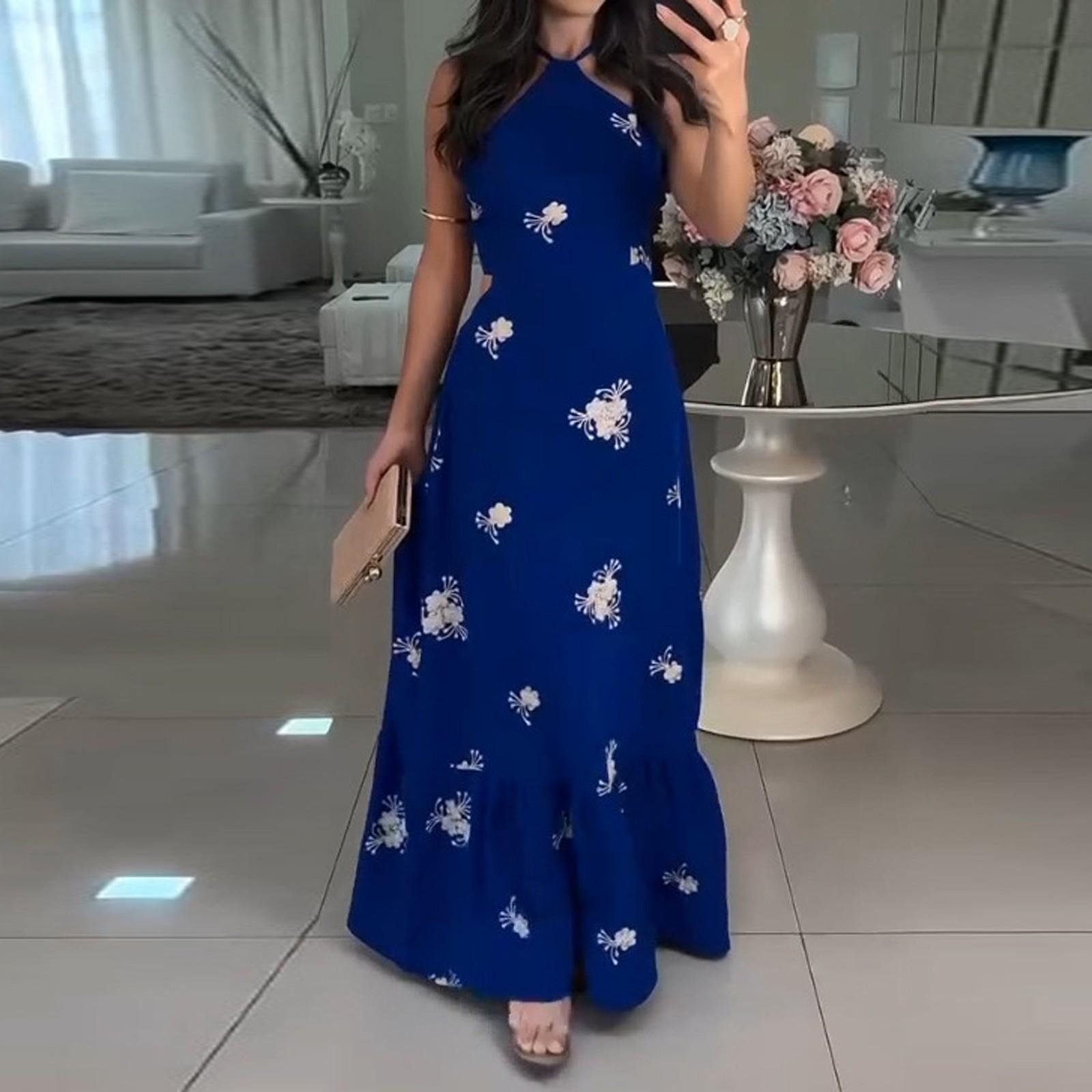 

Женское летнее платье без рукавов, летящий сарафан, цветочное миди-платье L синий