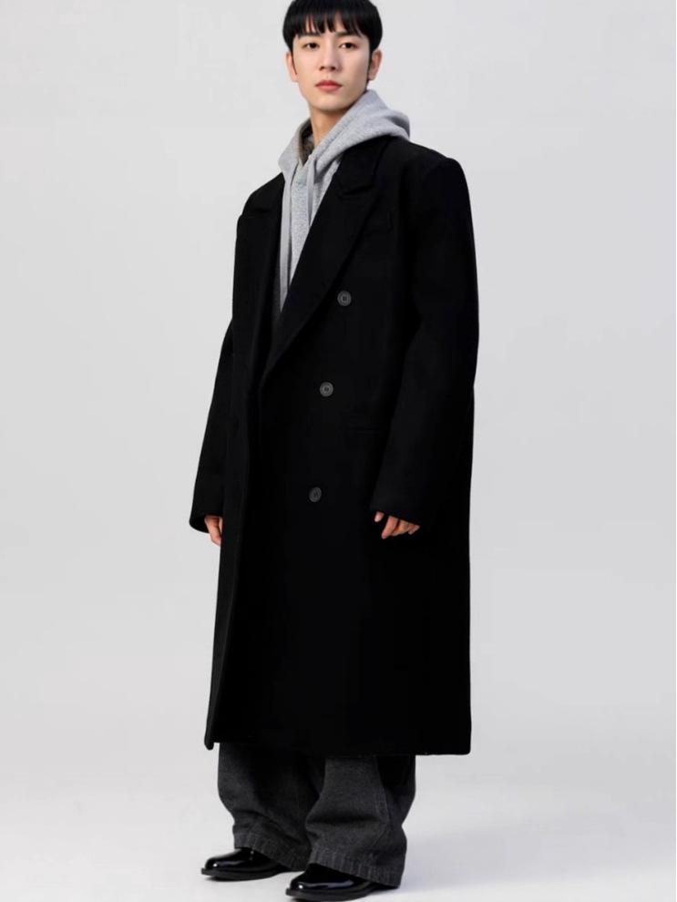 Men's Black Wool Trench Coat - Korean Style, Mid-Length, Over-the-Knee for 2025 Spring/Autumn