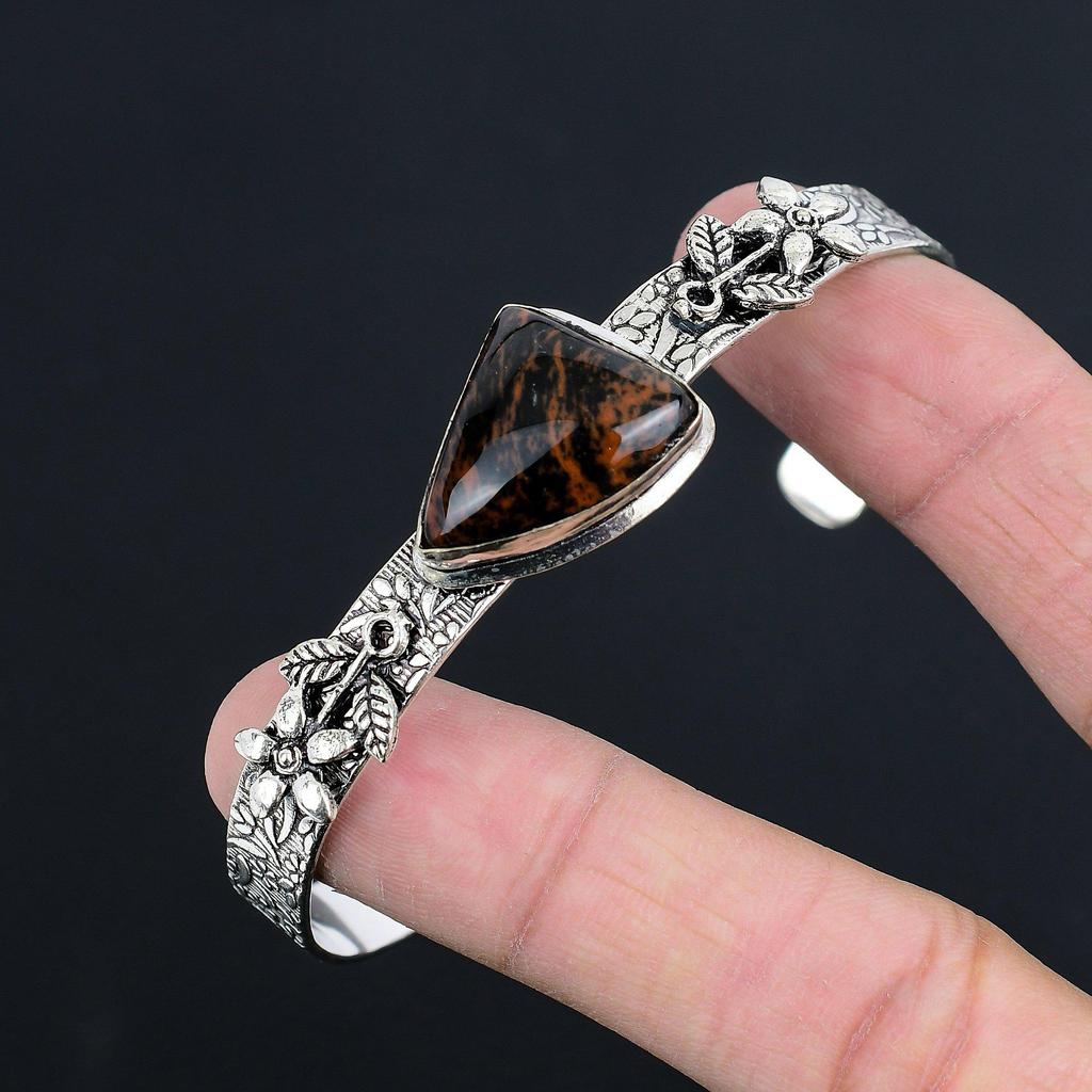 Natural Mahogany Obsidian Sister Flower Root Chakra Bangle 925 Sterling Silver