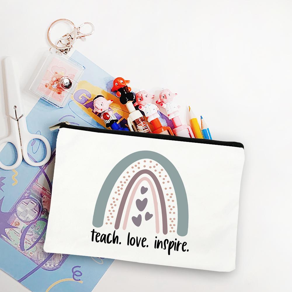 Blessed Teacher Life Leopard Makeup Bags Student White Pencil Pouch Teacher Shopping Handbag Storage Bag Teachers' Day Best Gift