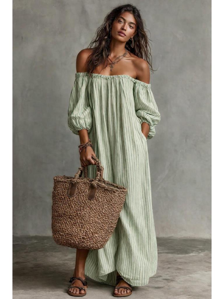 In Stock 2026: New European & American Style Women's Off-the-Shoulder Striped Dress for Spring & Summer Vacation