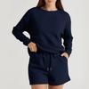 Women's Solid Color Textured Casual Set Long Sleeve Shorts Drawstring Two-Piece Set